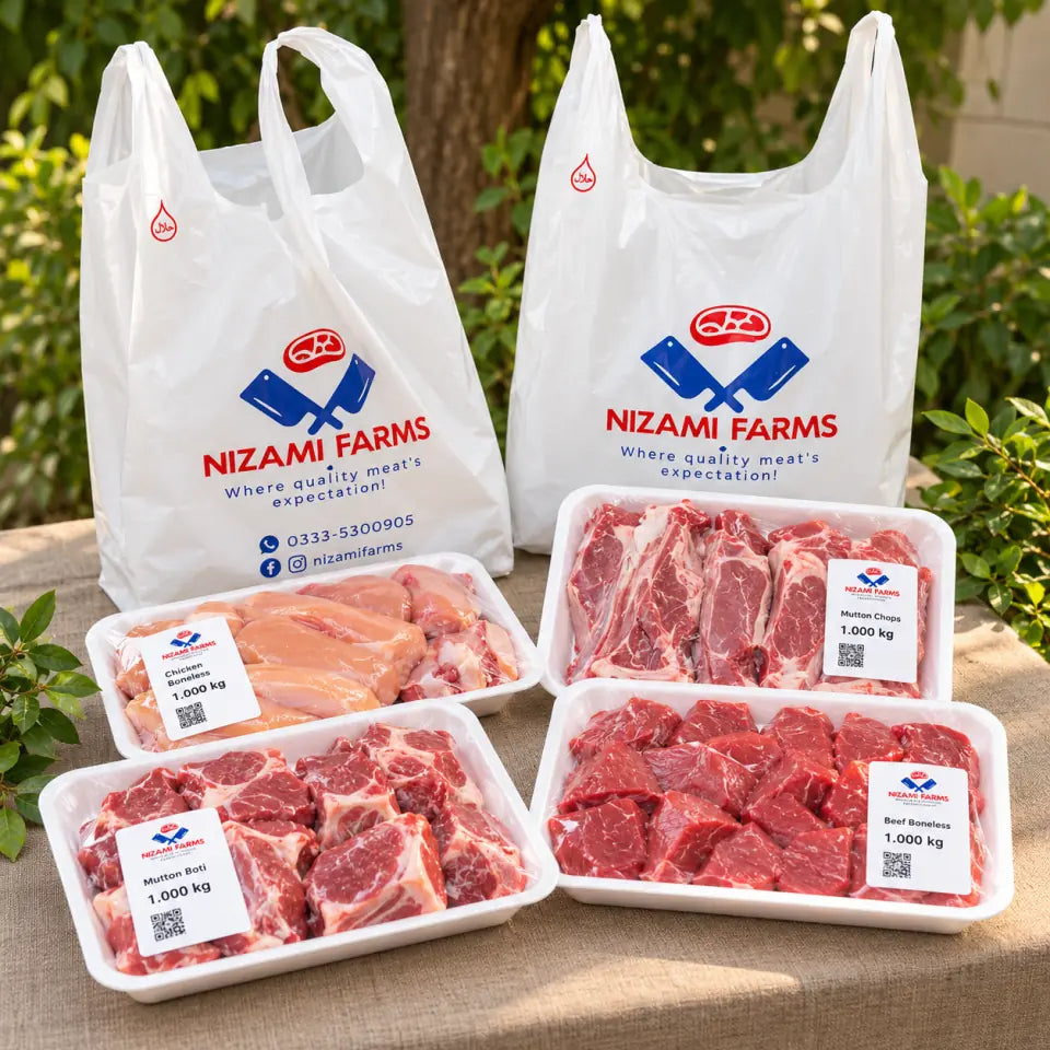 Nizami Farms bags and labelled trays of mutton, beef and chicken