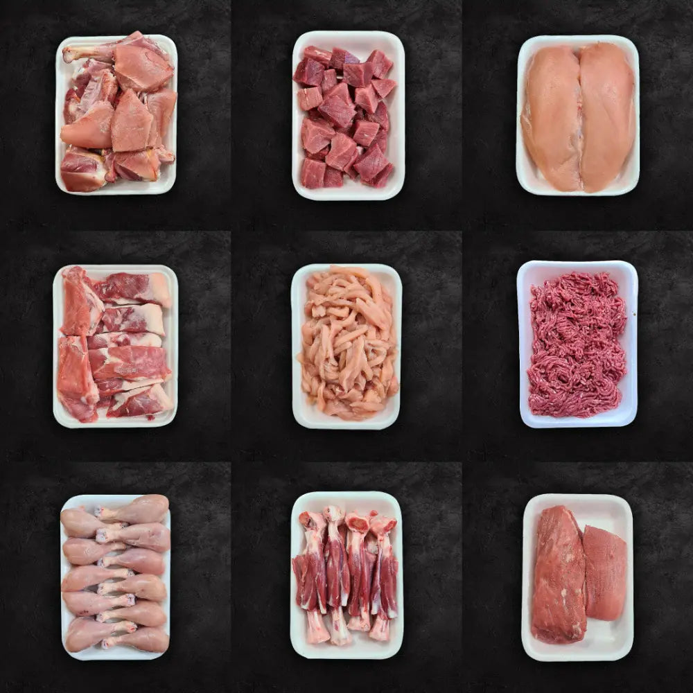 Nine Nizami Farms trays of different cuts: boti, cubes, breast, strips, qeema, drumsticks and more