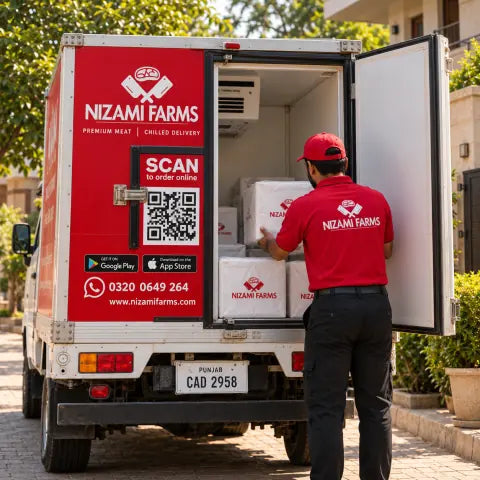 A Nizami Farms rider unloading boxes from the back of a delivery van