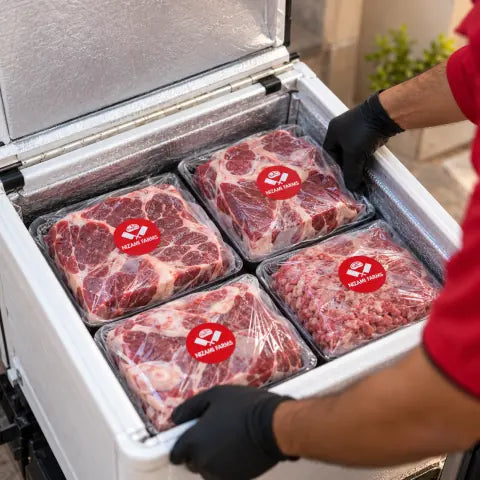 Packed cuts with Nizami Farms stickers in a rider's insulated ice box