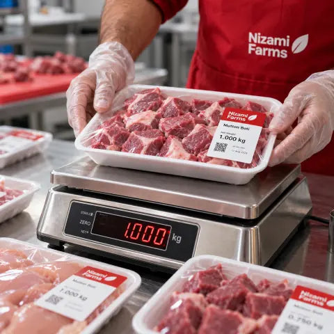 A tray of mutton boti on a scale, labelled with its weight