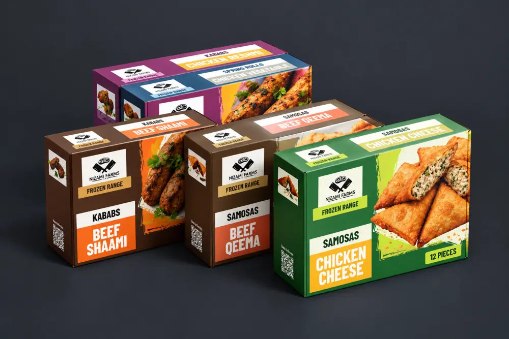 Boxes of the Nizami Farms frozen range: kababs, samosas and spring rolls